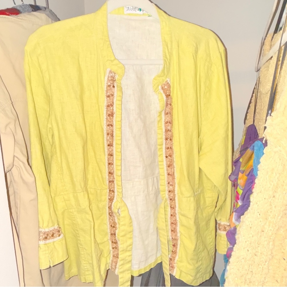 Yellow Open Front Cardigan with Embroidered Trim